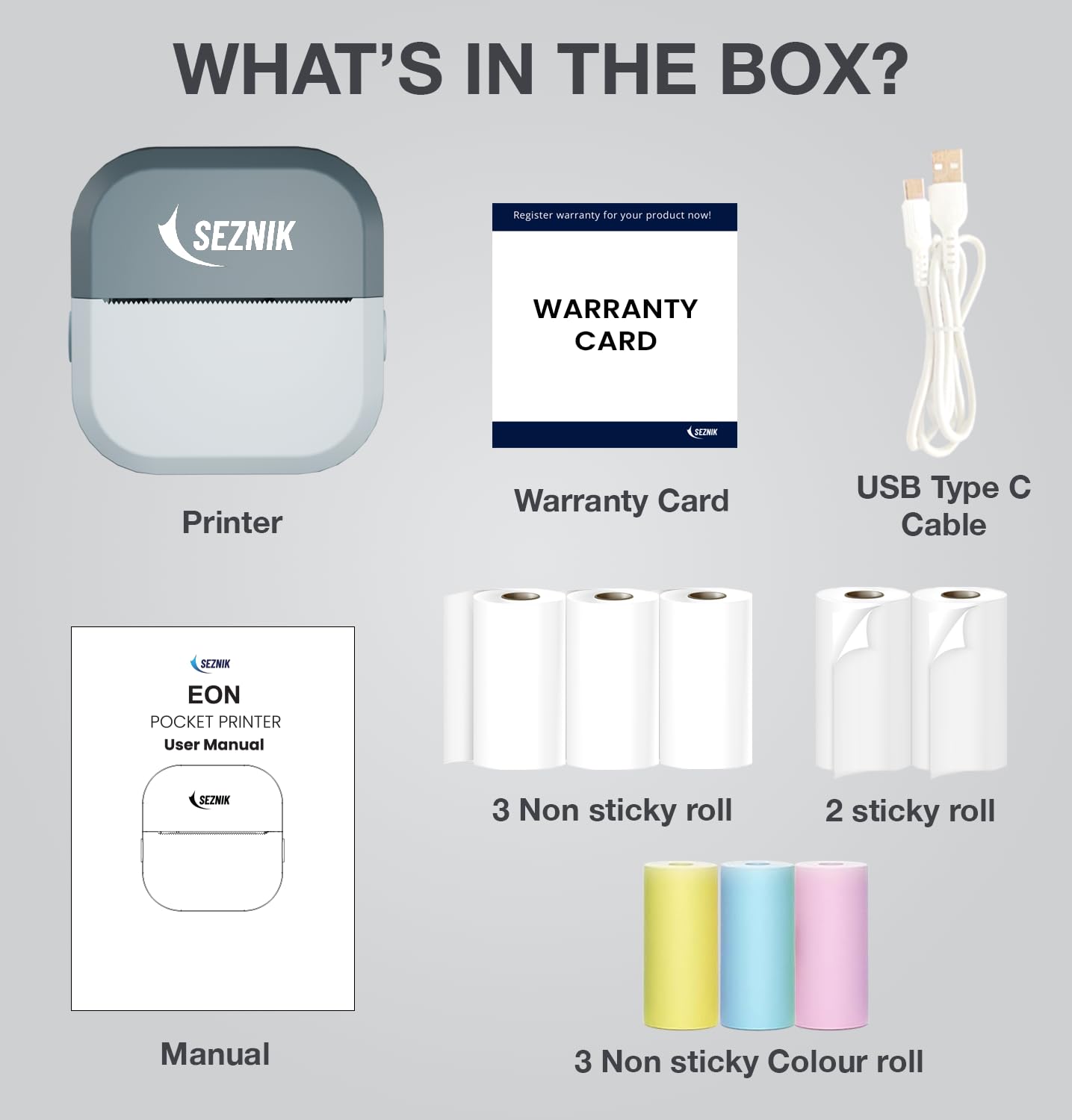 SEZNIK Mini Printer, Inkless, Thermal, Bluetooth, Portable Printer, Compatible Android, iOS Mobile. 1 Year Warranty (EON-PhantomBlue)