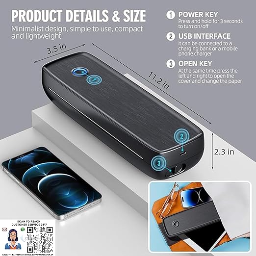 SEZNIK Portable Wireless Inkless A4 Paper Printer | Portable Mini Printer | USB, Bluetooth Printer Compatible with Android iOS Mobile Laptop |1Year Warranty (Classic-203dpi-White)