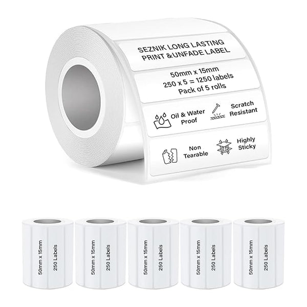 SEZNIK Waterproof, Non-Tearable, Sticky Thermal Lables, Label Roll, 2 inch Adhesive Thermal Labels for Label Printers (50mmx15mm - 1250 Lables), 1250 Labels