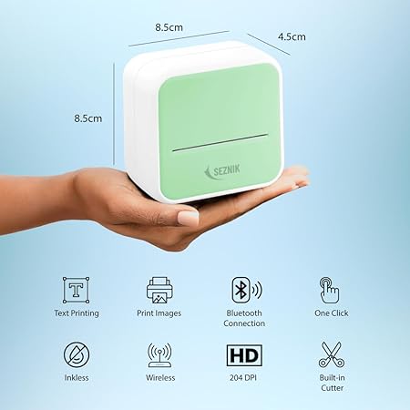 SEZNIK Mini Printer, Inkless, Thermal, Bluetooth, Portable Printer, Compatible Android, iOS Mobile. 1 Year Warranty (MiniX-Green)