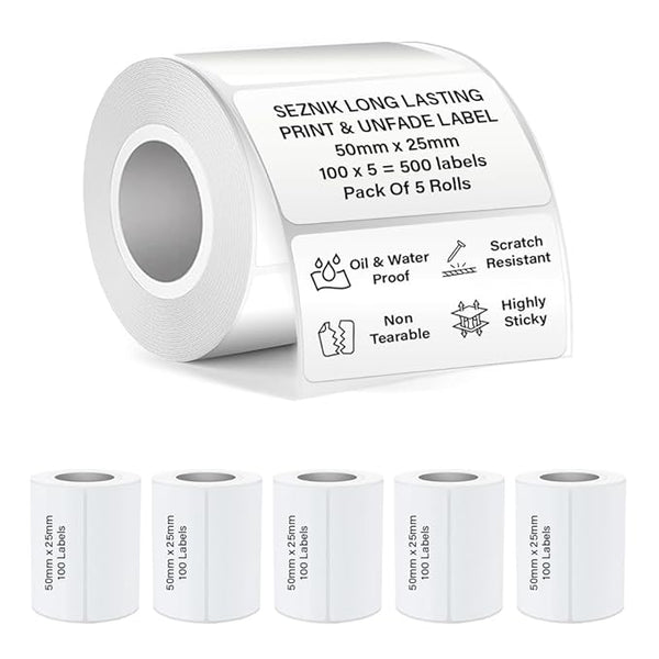 SEZNIK Waterproof, Non-Tearable, Sticky Thermal Lables, Label Roll, 2 inch Adhesive Thermal Labels for Label Printers (50mmx25mm - 500 Lables), 500 Labels
