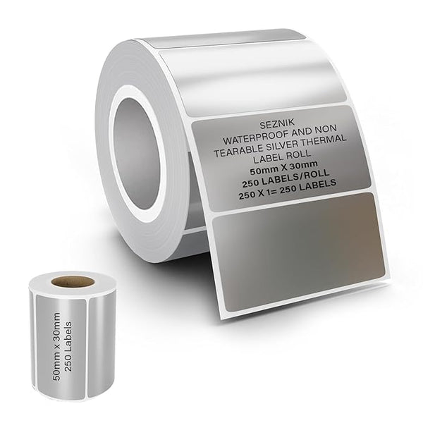 Seznik Silver Waterproof, Non-Tearable, Sticky Thermal Lables, Label Roll, 2 inch Adhesive Thermal Labels for Label Printers (50mmx30mm - 250 Lables)