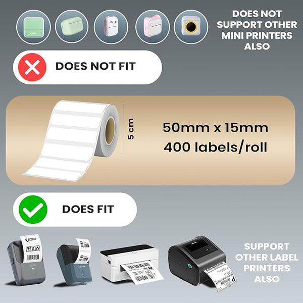 SEZNIK Sticky Thermal Lables, 50mmx15mm Label Roll Paper, 2 inch Self-Adhesive Thermal Paper for Mini Thermal Printer, POS, Receipt Machine (Pack of 5 Rolls), 2000 Labels
