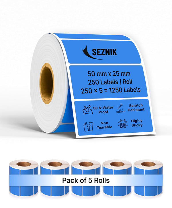 SEZNIK Waterproof, Non-Tearable, Long Lasting Print, Sticky Thermal Lables, Label Roll, 2 inch Adhesive Thermal Labels for Label Printers (50mmx25mm) - 1250 Lables, Royal Blue