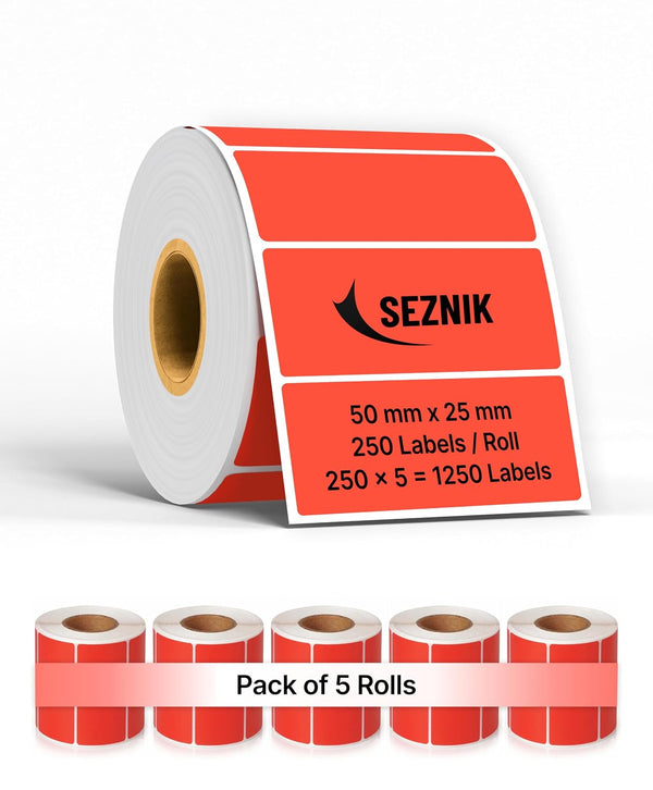 SEZNIK Waterproof, Non-Tearable, Long Lasting Print, Sticky Thermal Lables, Label Roll, 2 inch Adhesive Thermal Labels for Label Printers (50mmx25mm) - 1250 Lables, Red