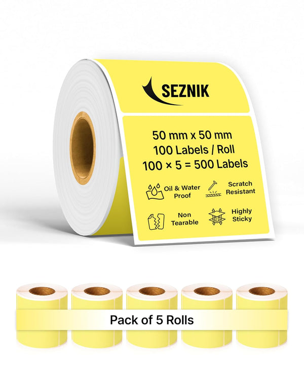 SEZNIK Waterproof, Non-Tearable, Long Lasting Print, Sticky Thermal Lables, Label Roll, 2 inch Adhesive Thermal Labels for Label Printers (50mmx50mm) - 500 Lables, Yellow