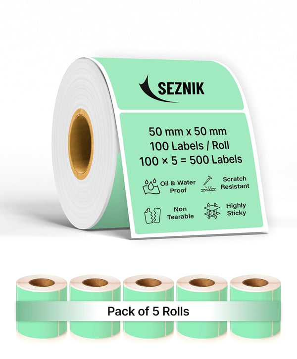 SEZNIK Waterproof, Non-Tearable, Long Lasting Print, Sticky Thermal Lables, Label Roll, 2 inch Adhesive Thermal Labels for Label Printers (50mmx50mm) - 500 Lables, Pastel Green