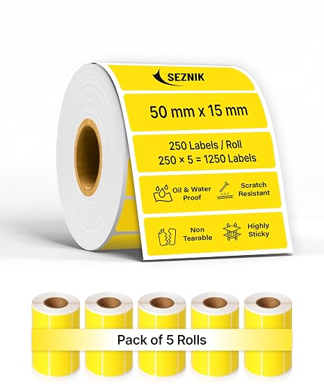 SEZNIK Waterproof, Non-Tearable, Long Lasting Print, Sticky Thermal Lables, Label Roll, 2 inch Adhesive Thermal Labels for Label Printers (50mmx15mm) - 1250 Lables, Yellow