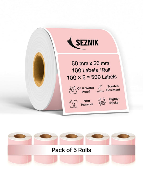 SEZNIK Waterproof, Non-Tearable, Long Lasting Print, Sticky Thermal Lables, Label Roll, 2 inch Adhesive Thermal Labels for Label Printers (50mmx50mm) - 500 Lables, Pastel Pink
