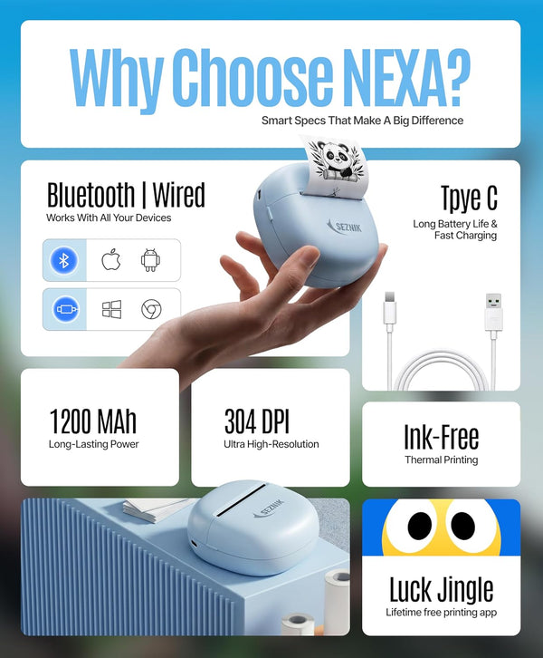 SEZNIK NEXA Mini Printer for Mobile | Bluetooth Portable Mini Thermal Printer | 304 DPI | Inkless Sticker, Image, Labels, Doodle, Notes Printer | Mobile Printing for Android, iOS & Windows