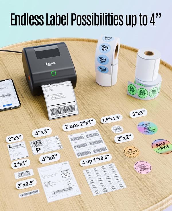 SEZNIK Ved 4x6 Bluetooth Shipping Label Printer for Ecommerce | Direct Thermal, 1-4 Inch,203 DPI | Wireless + USB | Free App+Software, Barcode | Android/iOS/Mac/Win | 1Yr Warranty | No Seller Flex