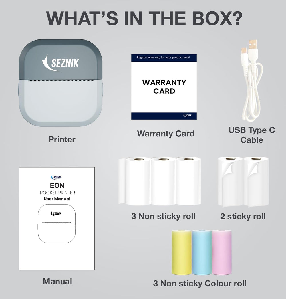 SEZNIK Mini Printer, Inkless, Thermal, Bluetooth, Portable Printer, Compatible Android, iOS Mobile. 1 Year Warranty (EON-PhantomBlue)
