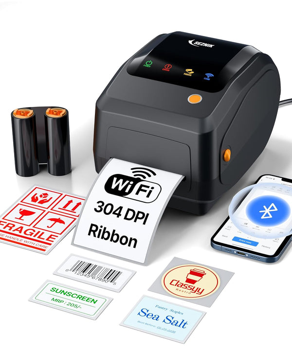 SEZNIK Rudra Thermal Label Printer | Direct Thermal + Transfer | E-Commerce 304 DPI HD Print | USB, Bluetooth, WiFi | Shipping, Jewellery, Excel Print, MRP, Barcode | 1 Year Warranty | No SellerFlex