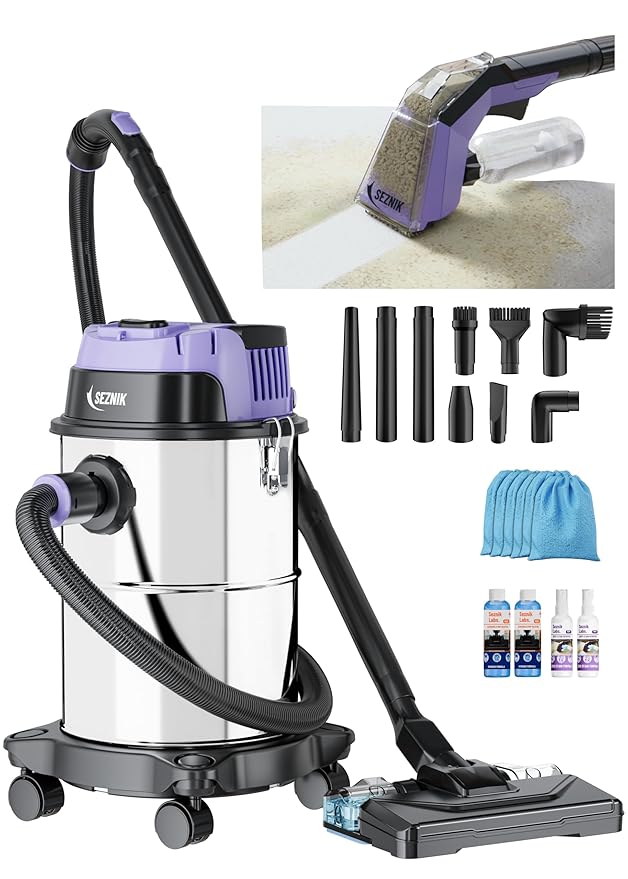 SEZNIK All in One Wet and Dry Vacuum Cleaner for Home | Spot Cleaning, Mopping & Blowing | 15L Steel Tank | 1300W, 20KPA Suction | 9 Attachments | Includes 1-Year Maintenance Kit Worth ₹3496