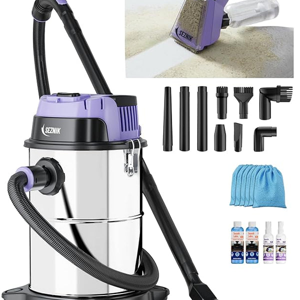 SEZNIK All in One Wet and Dry Vacuum Cleaner for Home | Spot Cleaning, Mopping & Blowing | 15L Steel Tank | 1300W, 20KPA Suction | 9 Attachments | Includes 1-Year Maintenance Kit Worth ₹3496