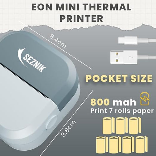 SEZNIK Mini Printer, Inkless, Thermal, Bluetooth, Portable Printer, Compatible Android, iOS Mobile. 1 Year Warranty (EON-PhantomBlue)
