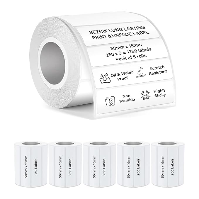 SEZNIK Waterproof, Non-Tearable, Sticky Thermal Lables, Label Roll, 2 inch Adhesive Thermal Labels for Label Printers (50mmx15mm - 1250 Lables), 1250 Labels