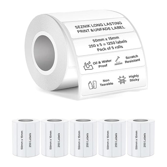 SEZNIK Waterproof, Non-Tearable, Sticky Thermal Lables, Label Roll, 2 inch Adhesive Thermal Labels for Label Printers (50mmx15mm - 1250 Lables), 1250 Labels