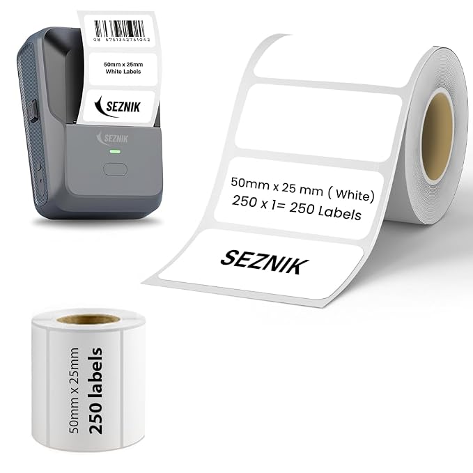 Seznik Thermal Lables, 50mmx25mm Label Roll Paper, 2 inch Self-Adhesive Label for Thermal Printer [Printer NOT Included] (White - 50mmx25mm - Thermal Label Roll-Pack of 1)