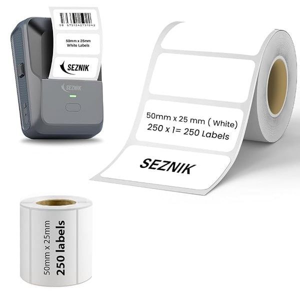 Seznik Thermal Lables, 50mmx25mm Label Roll Paper, 2 inch Self-Adhesive Label for Thermal Printer [Printer NOT Included] (White - 50mmx25mm - Thermal Label Roll-Pack of 1)