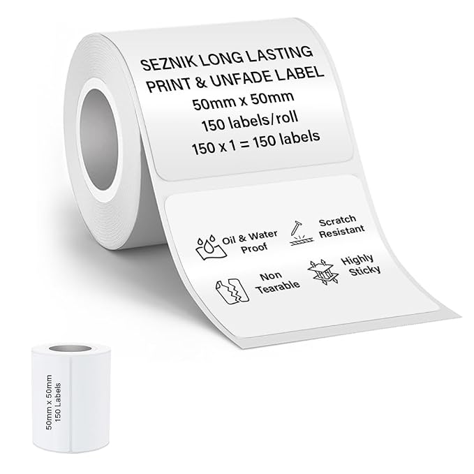 Seznik Waterproof, Non-Tearable, Sticky Thermal Lables, Label Roll, 2 inch Adhesive Thermal Labels for Label Printers (50mmx50mm - 150 Lables)