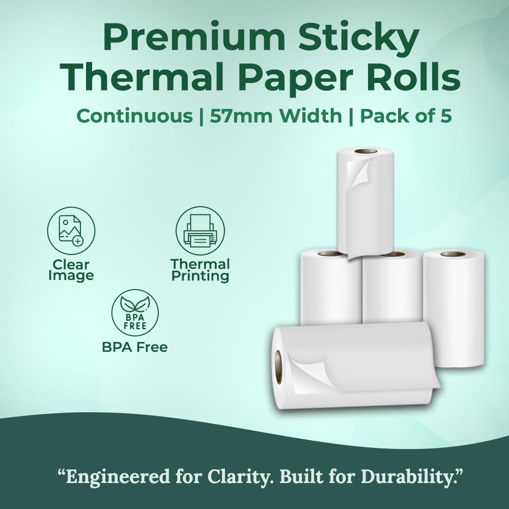 Seznik Sticky Adhesive Thermal Paper Rolls, Continuous 57mm Width, 2 inch Thermal Paper for Mini Thermal Printers (White-57mm Width - Continuous Sticky -Pack of 10 Roll)