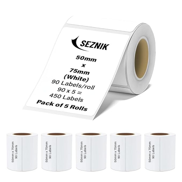 Seznik Thermal Sticky Labels – 50x75 mm – White – Pack of 5 Rolls (50mmx75mm - 450 Lables)