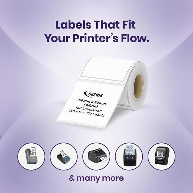 Seznik Thermal Lables, 50mmx50mm Label Roll Paper, 2 inch Self-Adhesive Thermal Paper for Mini Printer (White - 50mmx50mm - 750 Labels)