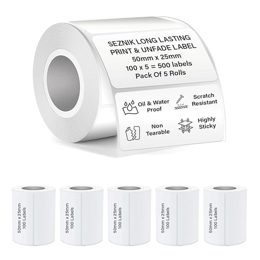 SEZNIK Waterproof, Non-Tearable, Sticky Thermal Lables, Label Roll, 2 inch Adhesive Thermal Labels for Label Printers (50mmx25mm - 500 Lables), 500 Labels