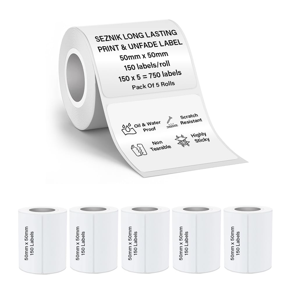 Seznik Waterproof, Non-Tearable, Sticky Thermal Lables, Label Roll, 2 inch Adhesive Thermal Labels for Label Printers, 50mmx50mm, 750 Lables