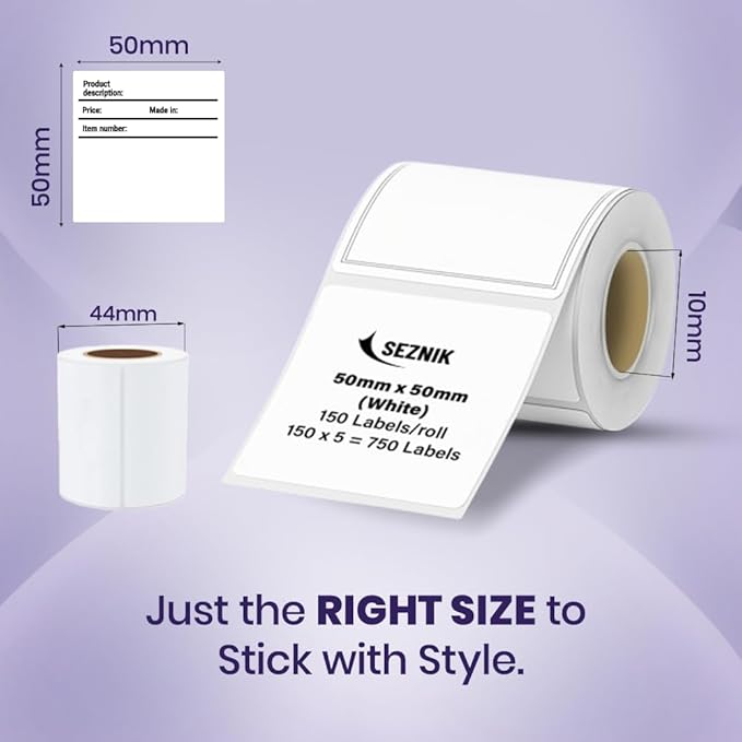 Seznik Thermal Lables, 50mmx50mm Label Roll Paper, 2 inch Self-Adhesive Thermal Paper for Mini Printer (White - 50mmx50mm - 750 Labels)