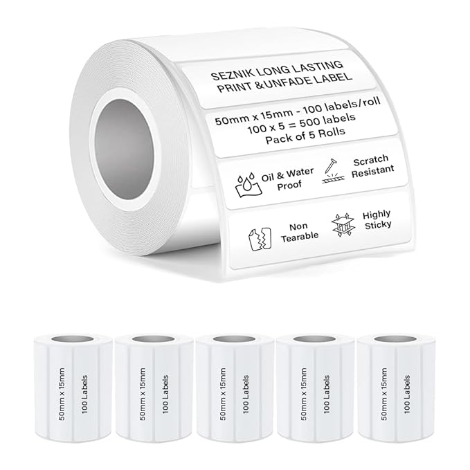 SEZNIK Waterproof, Non-Tearable, Sticky Thermal Lables, Label Roll, 2 inch Adhesive Thermal Labels for Label Printers (50mmx15mm - 500 Lables), 500 Labels