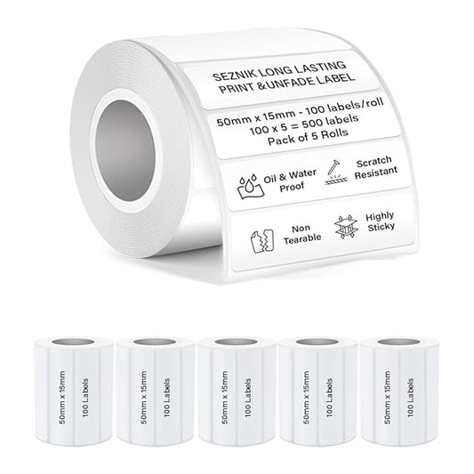 SEZNIK Waterproof, Non-Tearable, Sticky Thermal Lables, Label Roll, 2 inch Adhesive Thermal Labels for Label Printers (50mmx15mm - 500 Lables), 500 Labels
