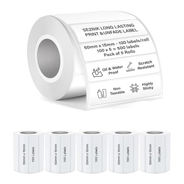 SEZNIK Waterproof, Non-Tearable, Sticky Thermal Lables, Label Roll, 2 inch Adhesive Thermal Labels for Label Printers (50mmx15mm - 500 Lables), 500 Labels