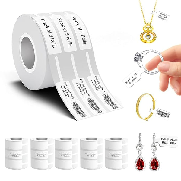 Seznik Jewellery Thermal Labels – 14.3mm x 100mm, Waterproof, Non Tearable, Direct Thermal, 150 Labels/Roll, for 2 to 4 Inch Printers, White, for Jewellery Tagging, 750 Labels