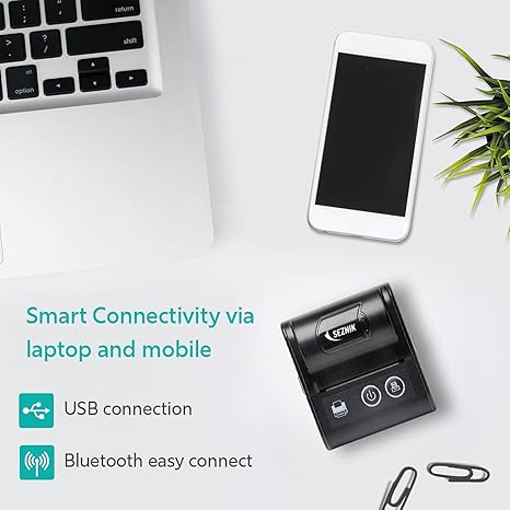SEZNIK Veer 58mm (2 Inch) Portable Receipt Printer | ESC/POS KOT Billing | Bluetooth+USB | 2000mAh Rechargeable | Android/iOS/Windows | Retail/Restaurant | 50+ Apps | Swiggy/Zomato | 1 Year Warranty