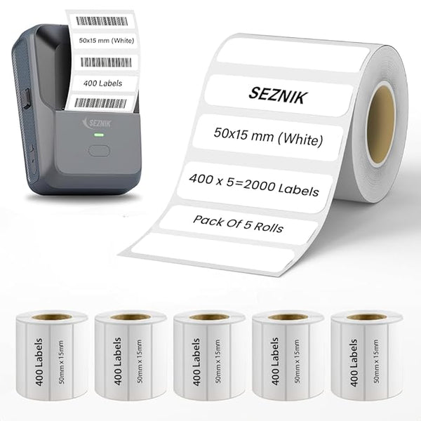 SEZNIK Sticky Thermal Lables, 50mmx15mm Label Roll Paper, 2 inch Self-Adhesive Thermal Paper for Mini Thermal Printer, POS, Receipt Machine (Pack of 5 Rolls), 2000 Labels