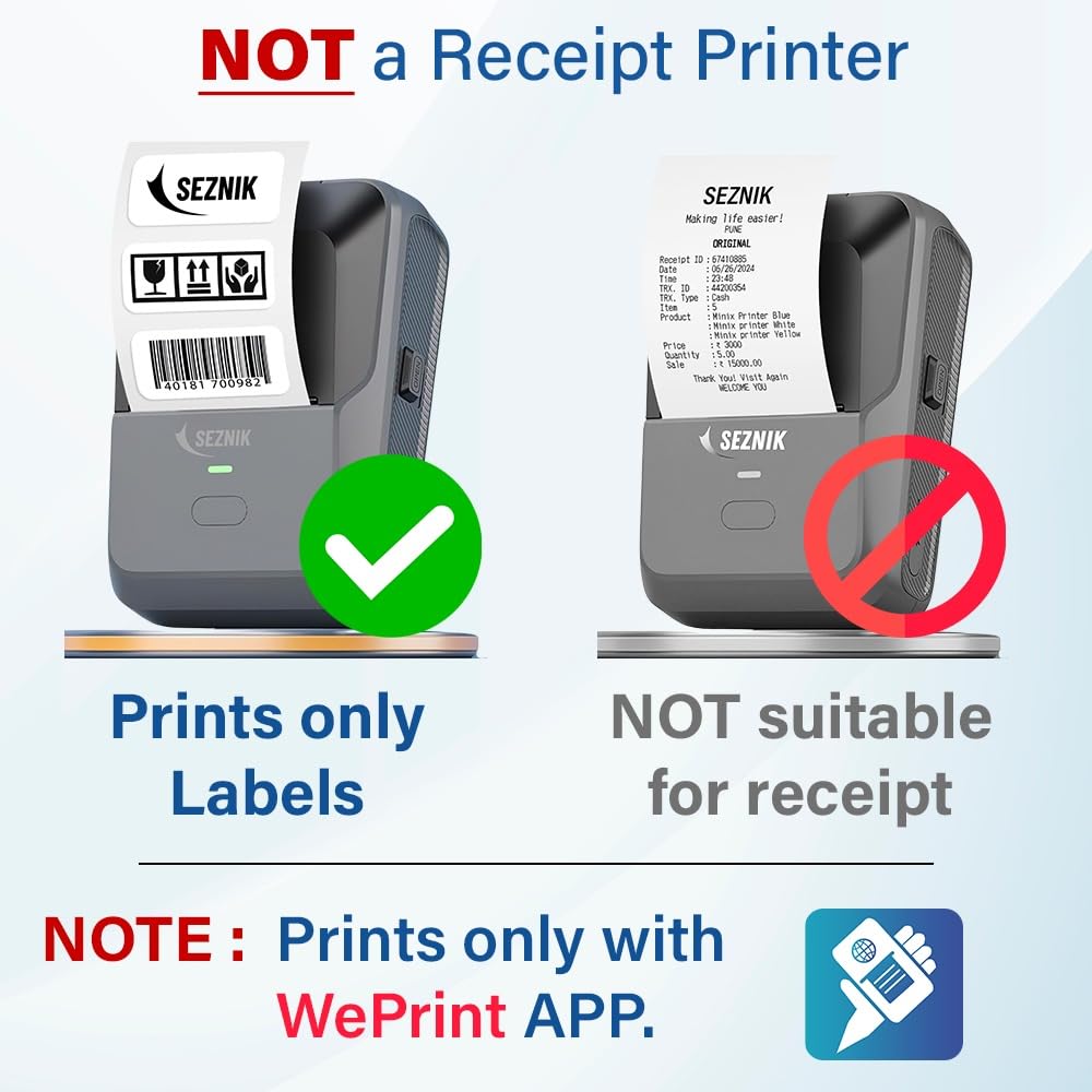 SEZNIK Josh Bluetooth Thermal Label Printer | Inkless Mini Rechargeable | MRP, Barcode, Excel File Print | Cloud, Mobile, Desktop | Jewellery, Round Labels | 2-inch Print | Free App | 1 Year Warranty