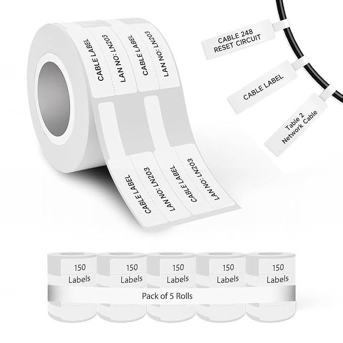 Seznik Cable Tag Thermal Labels – Waterproof, Non-Tearable, Oil & Scratch Resistant, White, 150 Labels/Roll, Pack of 5 Rolls – Wire & Electrical Labeling Stickers, 750 Labels