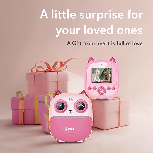 SEZNIK Mini Camera Printer, Mini Selfie Camera Printer, Click Photo Print, Inkless, Bluetooth HD Print, Android, iOS. Instant Print (Neo-Pink)