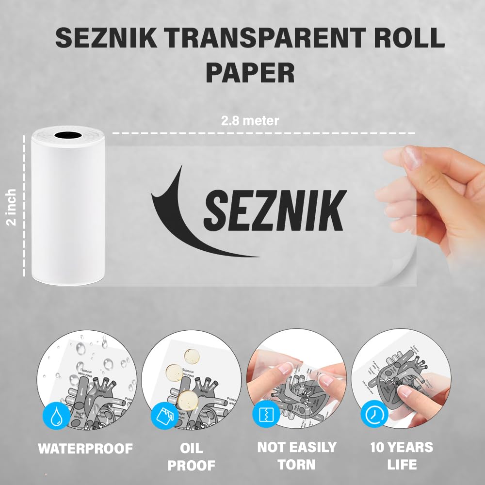 Seznik Transparent Sticky Thermal Paper Rolls, 57mm Width, 2 inch Thermal Paper for Mini Thermal Printer (Transparent-Sticky- 3 Rolls)