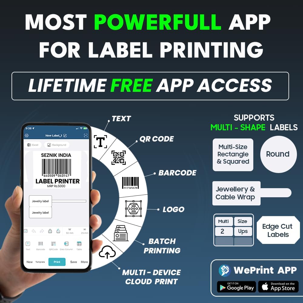 SEZNIK Josh Bluetooth Thermal Label Printer | Inkless Mini Rechargeable | MRP, Barcode, Excel File Print | Cloud, Mobile, Desktop | Jewellery, Round Labels | 2-inch Print | Free App | 1 Year Warranty