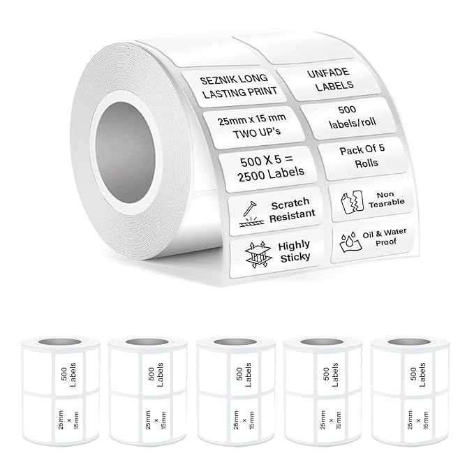 Seznik Waterproof, Non-Tearable, Sticky Thermal Lables, Label Roll, 2 inch Adhesive Thermal Labels for Label Printers (25mmx15mm - 2500 Lables)