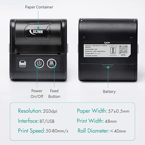 SEZNIK Veer 58mm (2 Inch) Portable Receipt Printer | ESC/POS KOT Billing | Bluetooth+USB | 2000mAh Rechargeable | Android/iOS/Windows | Retail/Restaurant | 50+ Apps | Swiggy/Zomato | 1 Year Warranty