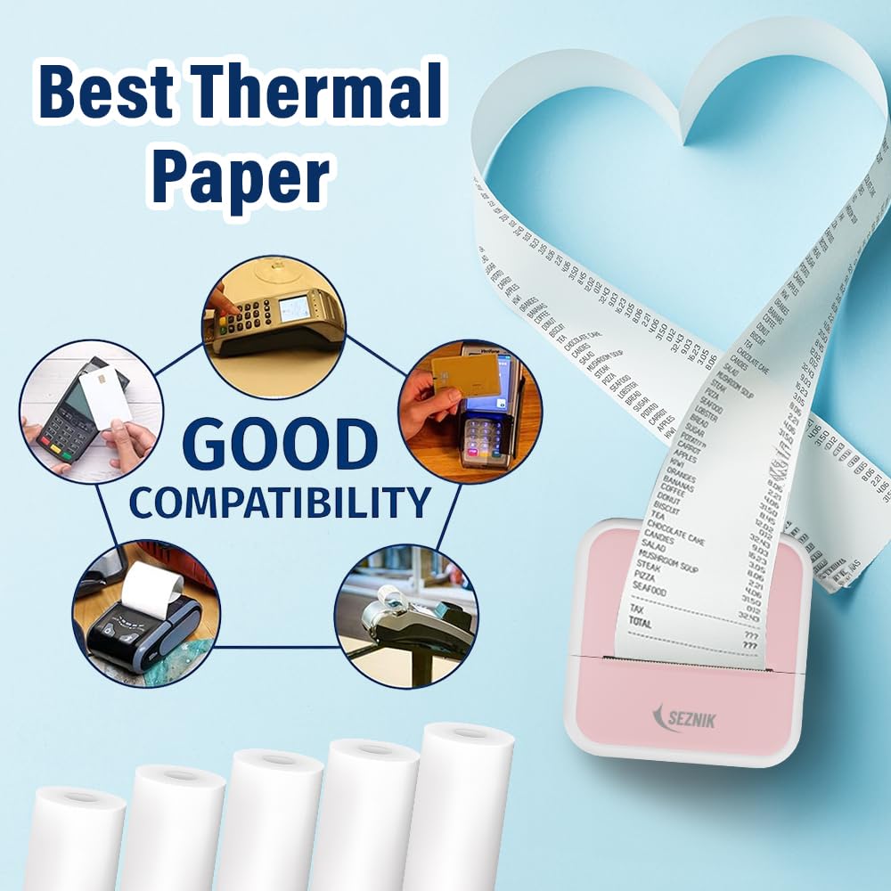 Seznik Non Sticky Thermal Paper Rolls, 57mm Width, 2 inch Thermal Paper for Mini Printer (White-57mm Width-Continuous Non Sticky Roll-Pack of 5)