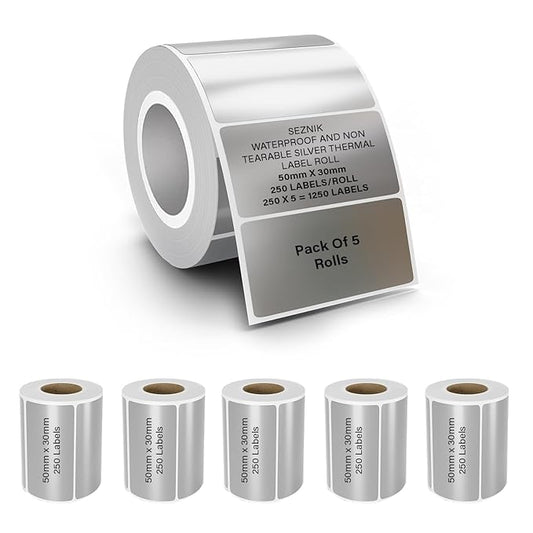 Seznik Silver Waterproof, Non-Tearable, Sticky Thermal Lables, Label Roll, 2 inch Adhesive Thermal Labels for Label Printers (50mmx30mm - 1250 Lables)