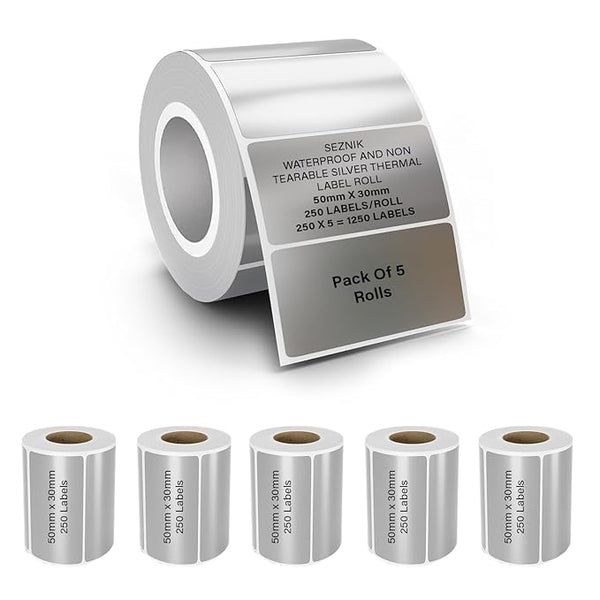 Seznik Silver Waterproof, Non-Tearable, Sticky Thermal Lables, Label Roll, 2 inch Adhesive Thermal Labels for Label Printers (50mmx30mm - 1250 Lables)