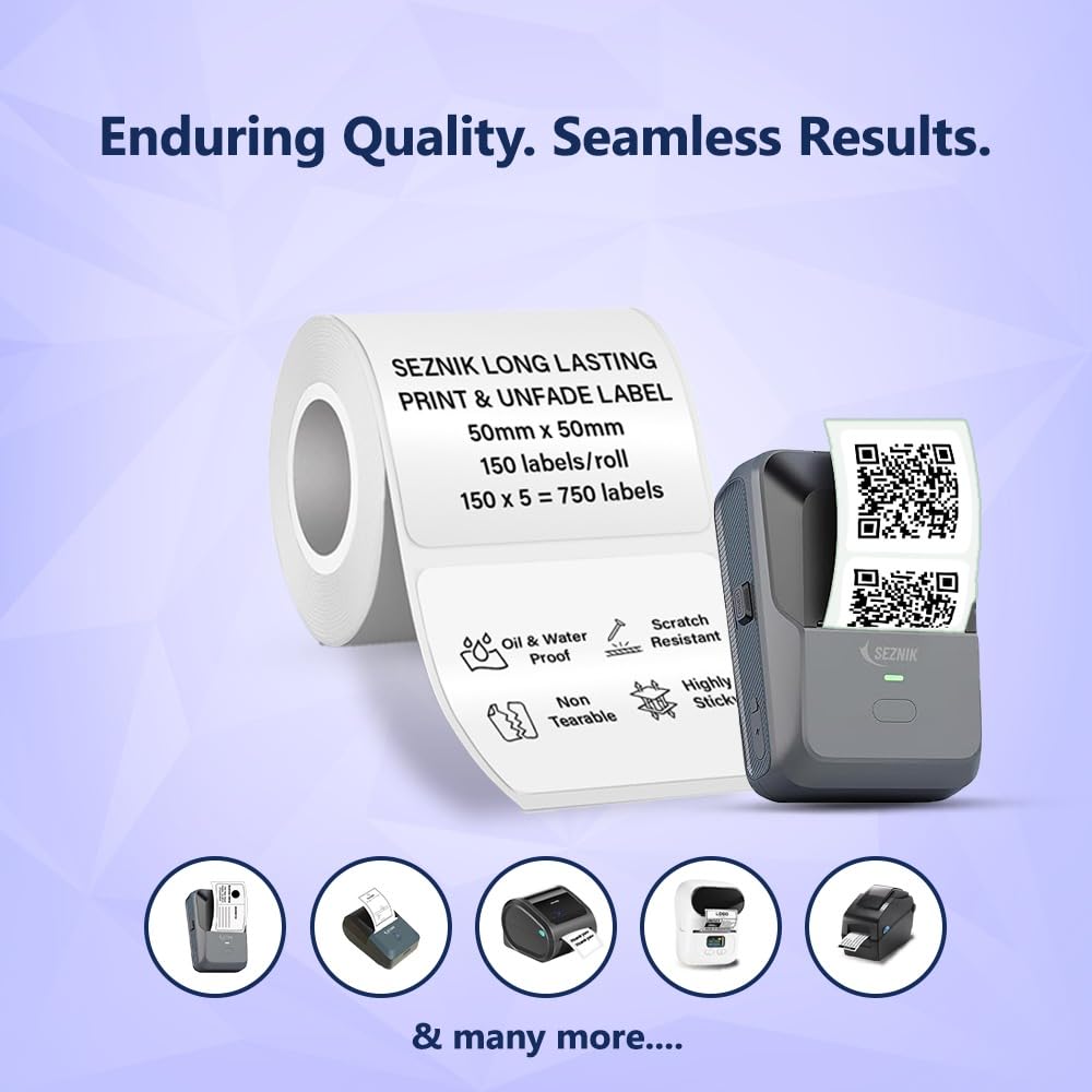 Seznik Waterproof, Non-Tearable, Sticky Thermal Lables, Label Roll, 2 inch Adhesive Thermal Labels for Label Printers, 50mmx50mm, 750 Lables