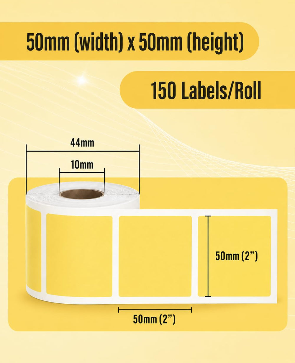 SEZNIK Waterproof, Non-Tearable, Long Lasting Print, Sticky Thermal Lables, Label Roll, 2 inch Adhesive Thermal Labels for Label Printers (50mmx50mm) - 500 Lables, Yellow