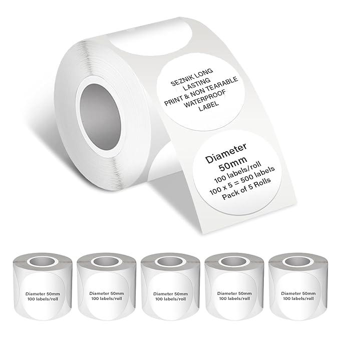 Seznik Waterproof, Non-Tearable, Sticky Thermal Labels, Round Shape, 50mm Diameter, 2 inch Self-Adhesive Thermal Paper for Mini Printer (Waterproof - 50mm Diameter - 500 Labels)